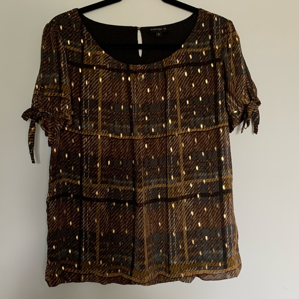 Navy and Brown Plaid Blouse with Gold